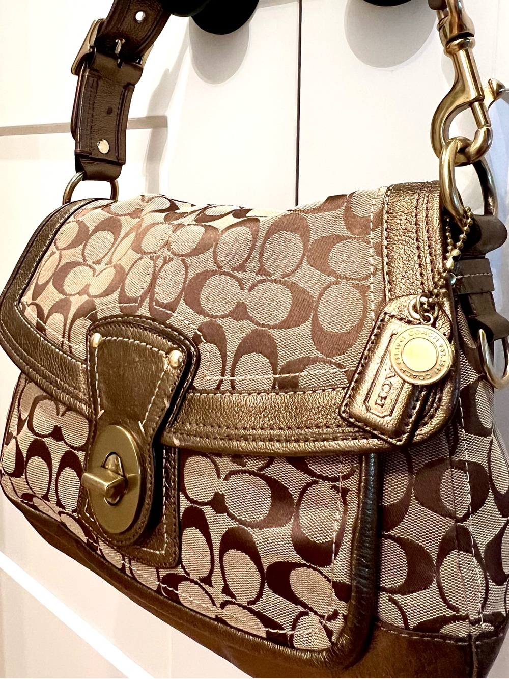 Coach Brown Signature Jacquard Shoulder Bag with Gold Hardware